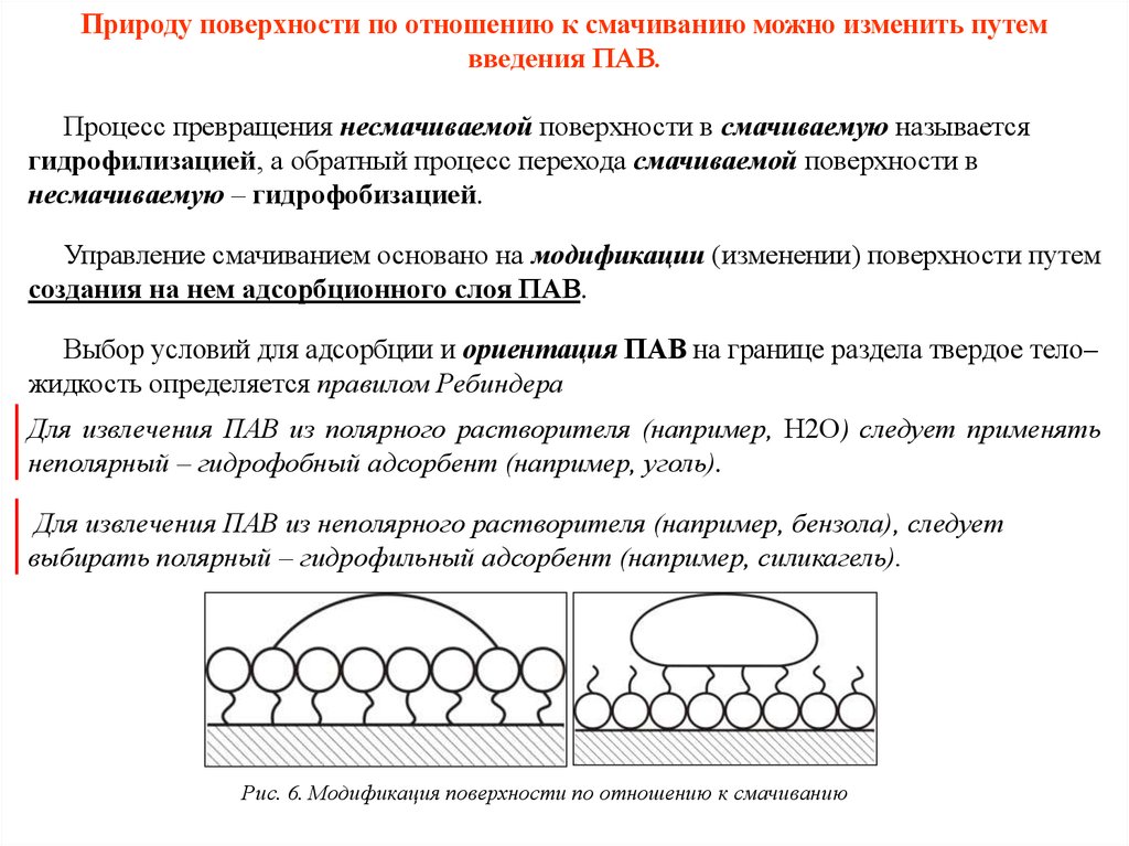 Процессы на поверхности. Гидрофилизация и гидрофобизация поверхностей с помощью пав. Смачиваемость поверхности. Характеристика гидрофильных и гидрофобных поверхностей. Гидрофильные и гидрофобные поверхности.