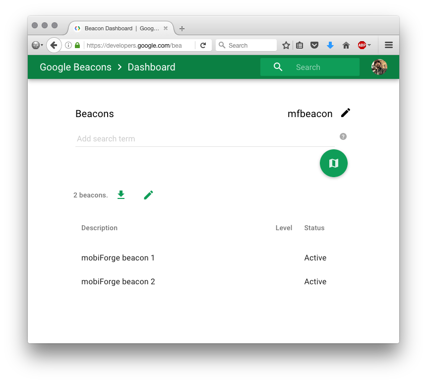Google Beacon Dashboard showing two beacons