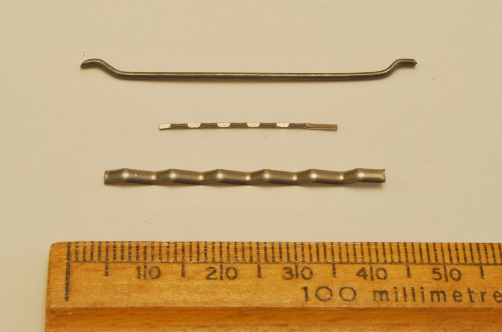 From top: Type I fiber 50 mm (2 in.) long, Type II fiber 25 mm (1 in.) long, and Type V fiber 35 mm (1.3 in.) long.