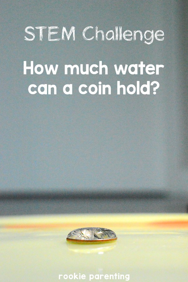 A dime with glob of water on top.
What is surface tension? STEM challenge, How much water can a coin hold?